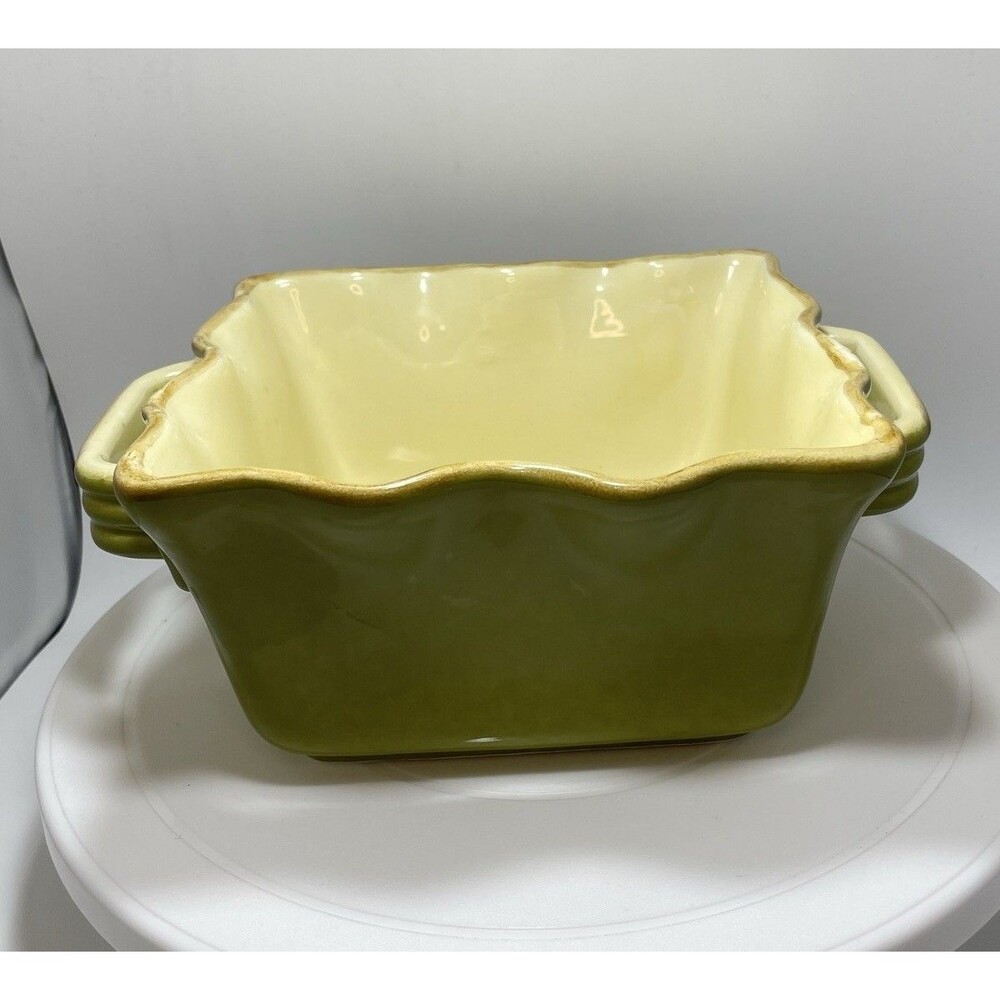 Vtg Sur La Table Ceramic Ruffled Square Baking Dish Casserole Duo Handles Green